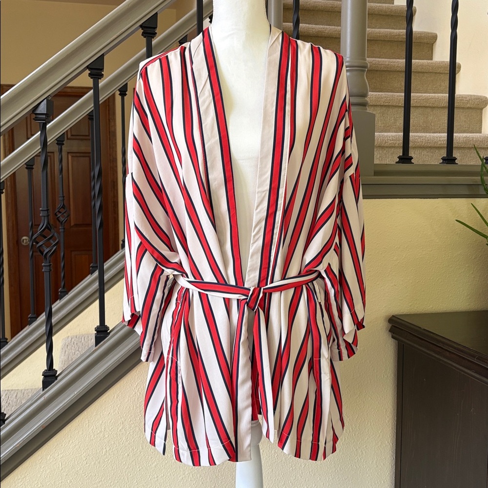 Striped Red, Cream & Blue Kimono Cardigan Worn With or Without a Tie Belt OS